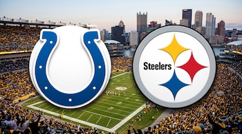 Los emblemas de los Indianapolis Colts y Pittsburgh Steelers superpuestos a la vista aérea de un estadio de fútbol americano lleno de público.