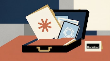Ilustración plana de un maletín abierto sobre un escritorio terracota con documentos de Anthropic, una tablet con el logo de Claude y una tarjeta de Blackstone.