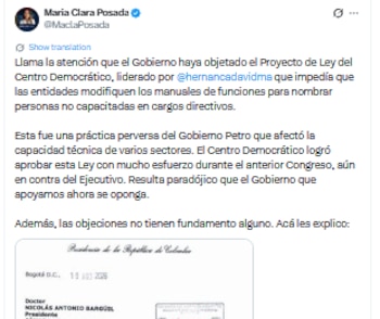 La senadora María Clara Posada se pronunció de cara a las objeciones del Gobierno nacional al proyecto de ley - crédito @MaclaPosada/X