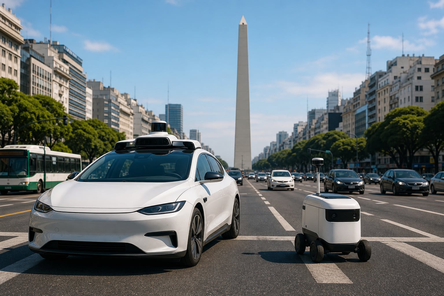Un automóvil autónomo y un robot de reparto transitan por la avenida 9 de Julio con el Obelisco de Buenos Aires al fondo. (Imagen Ilustrativa Infobae)