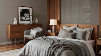 Un dormitorio moderno con una pared gris cálido, cama con cabecero de madera, ropa de cama gris, cómoda de madera, sillón y lámpara de noche.