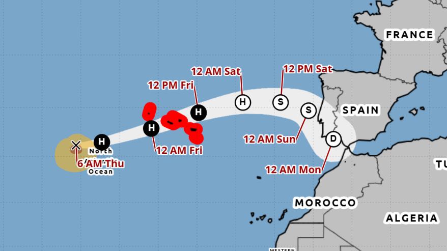 Evolución de la trayectoria probable del centro del huracán Gabrielle. (Oficina Nacional de Administración Oceánica y Atmosférica de Estados Unidos, NOAA, por sus siglas en inglés)