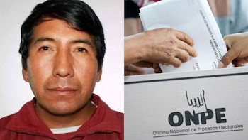 Retrato de un hombre a la izquierda y manos que depositan una cédula de votación en un ánfora con el logo de la ONPE a la derecha