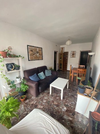 Salón del piso compartido en Barcelona donde se ha hecho viral el anuncio de alquiler.