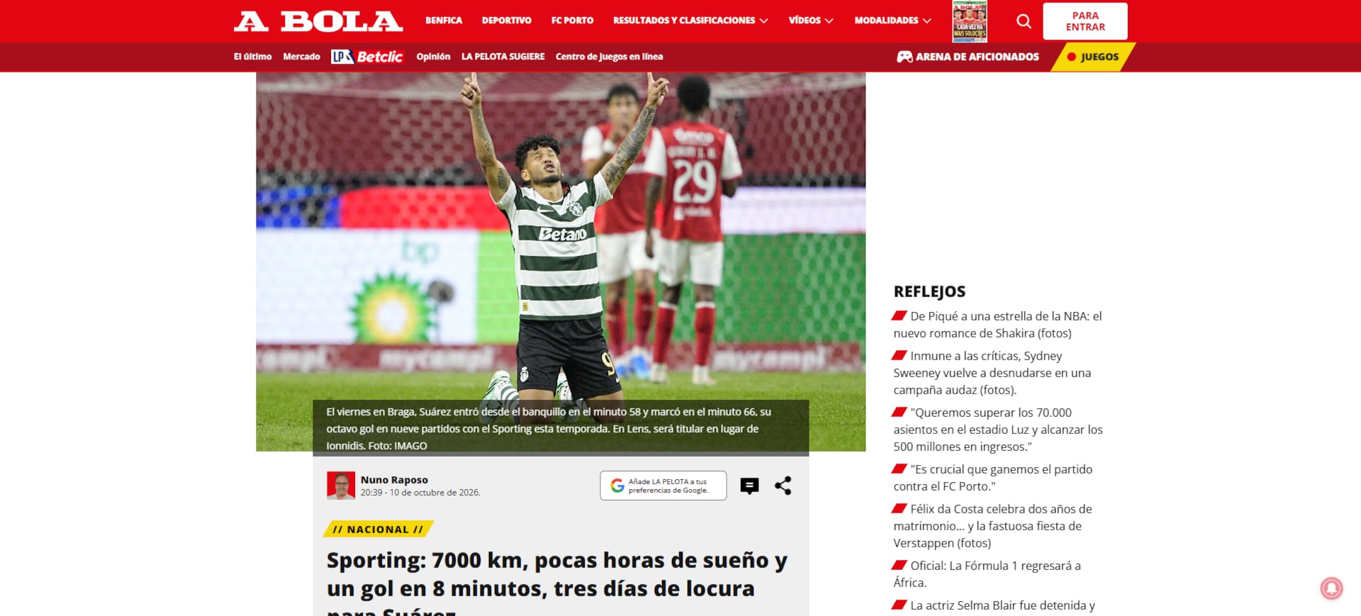 Uno de los diarios deportivos más importantes de Portugal explicó el buen momento que vive Suárez con el cuadro de los