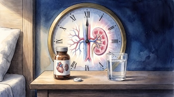 Un frasco de medicina, una pastilla blanca y un vaso de agua sobre una mesa de noche ante un reloj con vasos sanguíneos y un riñón.