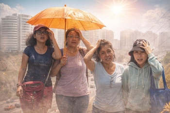 Cuatro mujeres bajo un sol intenso en una calle de Lima, una de ellas sostiene un paraguas naranja. Edificios y una carretera con tráfico al fondo.