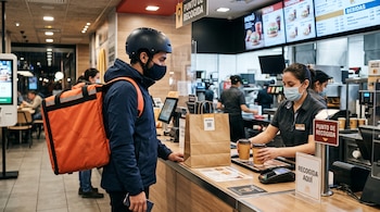 Un repartidor con casco y mochila naranja está frente al mostrador de un restaurante mientras una empleada le sirve dos vasos de café.