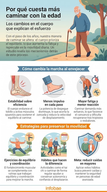 Infografía que muestra a un hombre mayor caminando, diagramas de tobillo y pie, ilustraciones de fatiga, riesgo de caídas y personas haciendo ejercicio.