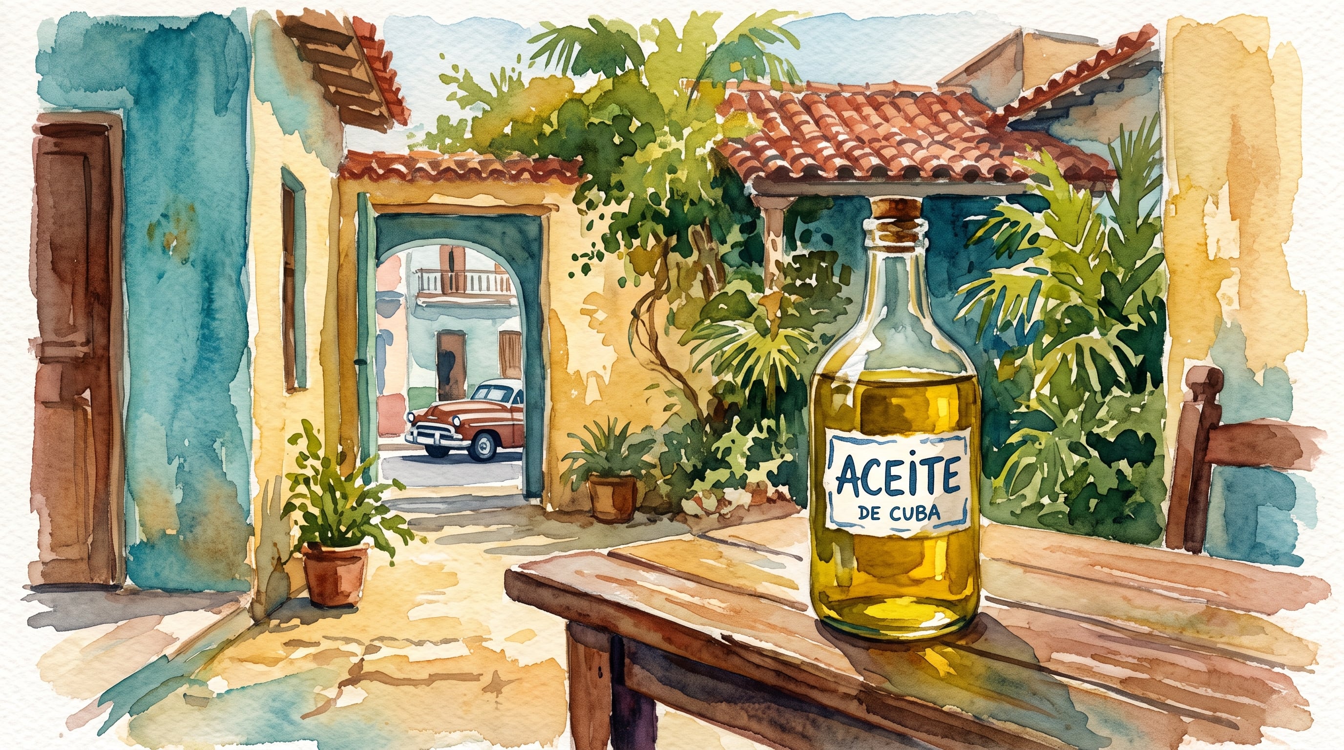 Una botella con la etiqueta Aceite de Cuba reposa sobre una mesa de madera en un patio de arquitectura tradicional. (Imagen Ilustrativa Infobae)
