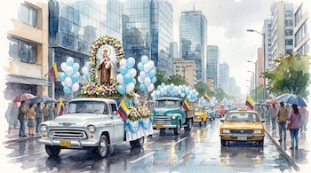 Acuarela de una procesión urbana: vehículos con la Virgen, flores, globos celestes y blancos, banderas de Colombia, edificios modernos y peatones con paraguas.