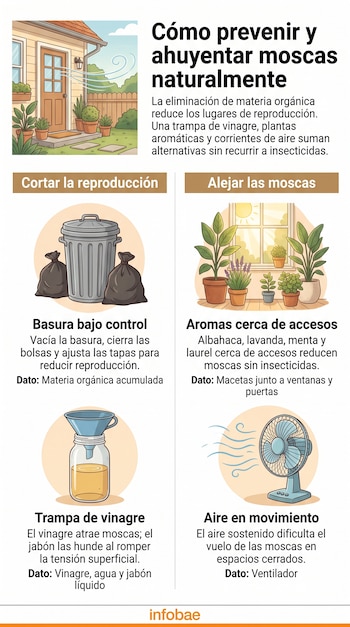 Infografía de cuatro bloques con ilustraciones de un bote de basura, macetas en una ventana, un frasco con embudo y un ventilador de mesa.