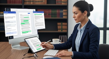 Mujer sentada en escritorio, usa monitor de computadora y tableta con stylus, junto a teclado, mouse, gafas y taza de café. Al fondo, una estantería con libros.