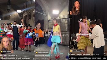 Capturas de tres videos de redes sociales con personas comentando sobre modelos, vestidos y preparativos de un desfile de moda