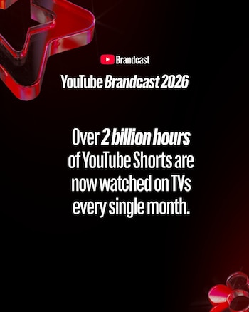 Gráfico oscuro con logo de YouTube, título 'YouTube Brandcast 2026' y texto sobre 2 mil millones de horas de YouTube Shorts vistas mensualmente en TV