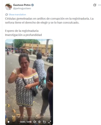 El mandatario afirmó que se trataría de "cédulas gemeleadas" y señaló que a la ciudadana se le vulneró su derecho al voto - crédito @petrogustavo/X