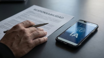 Mano adulta sujeta una lapicera sobre contrato impreso con palabra 'Responsabilidad', junto a smartphone que muestra las letras IA.
