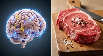 Imagen dividida: a la izquierda, un cerebro humano con acumulaciones amarillas y destellos azules; a la derecha, un corte de carne cruda sazonada en una tabla.