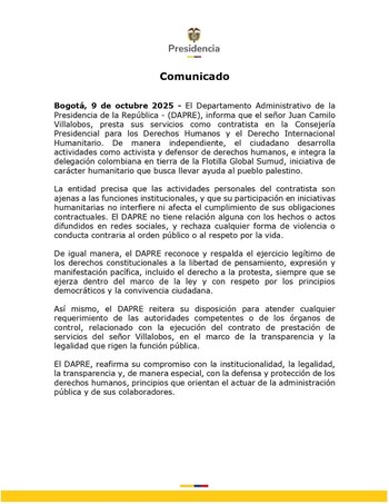 El Dapre publicó un comunicado en el que aclara que Juan Camilo Villalobos presta servicios como contratista del Estado, pero sus actividades personales no comprometen a la entidad - crédito @DapreCol/X
