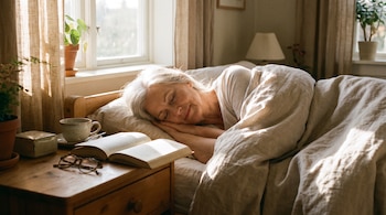 Una mujer duerme en una cama junto a una ventana con cortinas. En la mesilla hay un libro abierto, unas gafas, una taza y una planta. Hay una lámpara.