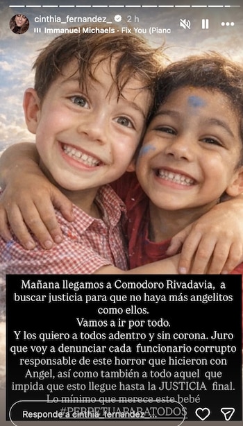 Fernández compartió una imagen generada por IA en la que aparece Lucio Dupuy, sumando su reclamo de justicia para Ángel (Instagram)