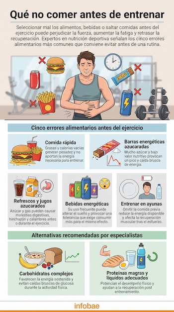 Infografía con hombre con malestar estomacal, iconos tachados de comida rápida, barra, refresco, bebida energética y plato vacío; lista de errores y alimentos recomendados.