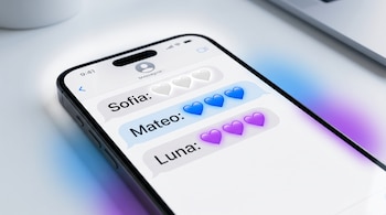 Primer plano de la pantalla de un smartphone mostrando una app de mensajería con emojis de corazones blancos, azules y morados. El fondo es limpio con luces sutiles.
