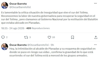 Óscar Barreto pidió al Gobierno fortalecer la presencia de la Fuerza Pública y restituir el batallón de Planadas. - crédito @OscarBarretoTol/X
