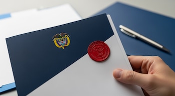 Mano sostiene documento oficial colombiano con escudo nacional y sello rojo de lacre. En fondo desenfocado se ven escritorio, carpeta azul y bolígrafo metálico.