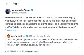 Melquisedec Torres responde a Margarita Rosa - crédito @Melquisedec70