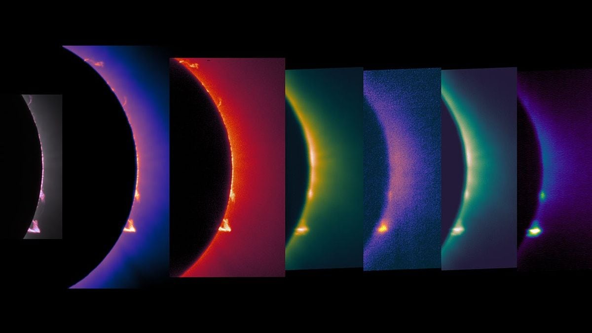 Imágenes de la corona y las protuberancias solares captadas en diferentes longitudes de onda de luz visible e infrarroja (NASA)