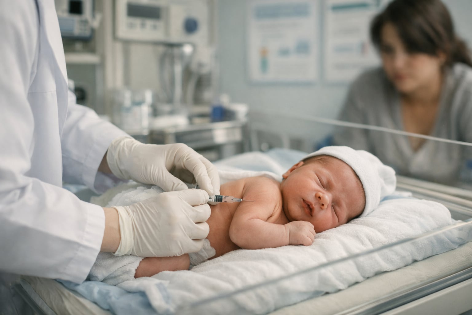 Un profesional de la salud con guantes aplica una vacuna a un bebé recién nacido en una cuna térmica dentro de una sala neonatal, mientras la madre observa en segundo plano. (Imagen Ilustrativa Infobae)