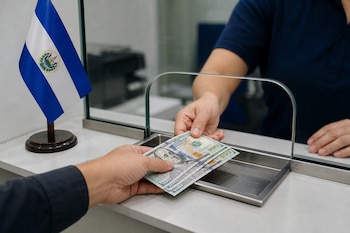 Manos que intercambian billetes de cien dólares a través de una ventanilla de vidrio junto a una bandera de El Salvador.