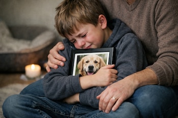 Niño llorando abraza una foto enmarcada de un Golden Retriever. Un adulto lo consuela con un brazo. Una vela encendida es visible en segundo plano.