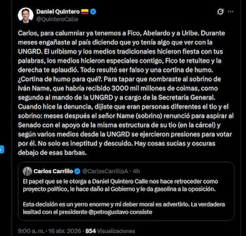Quintero responde a Carrillo en redes sociales y lo acusa de manipular su nombre para desviar la atención sobre la Ungrd - crédito X