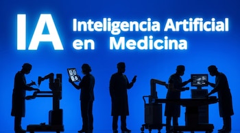 Siluetas de cirujanos con equipos de robótica médica frente a un fondo azul con el texto Inteligencia Artificial en Medicina.