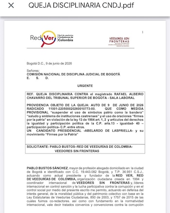 La Red de Veedurías radicó ante el Consejo de Disciplina Judicial la queja contra el magistrado Rafael Albeiro Chavarro por la decisión que ordenó el retiro de publicidad electoral por el uso de símbolos patrios. - crédito @redveeduriascol/X