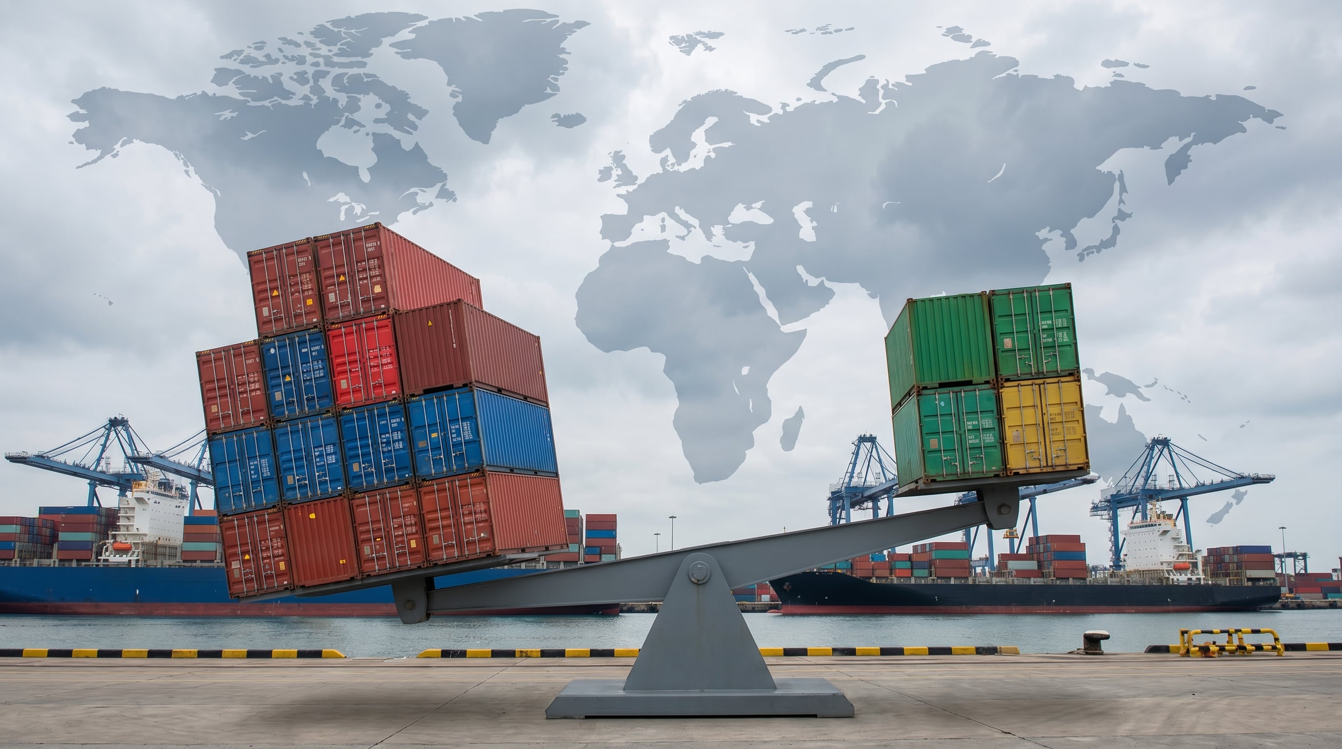 Una balanza de grandes dimensiones cargada con contenedores de envío ilustra el concepto de déficit comercial internacional frente a un puerto y un mapa mundial. (Imagen Ilustrativa Infobae)