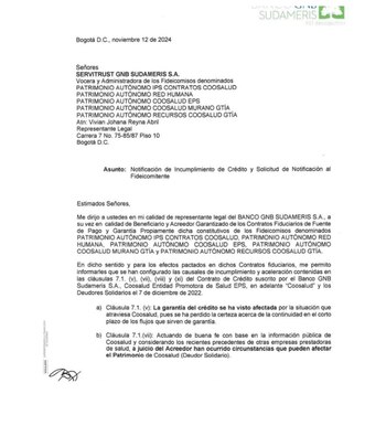Esta es la carta que envía el Banco Sudameris a Coosalud EPS para anunciar el término del préstamo por $221.000 millones, que data del 7 de diciembre de 2022 - crédito Banco Sudameris