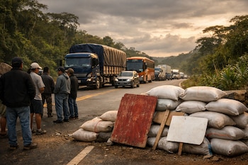 Vehículos varados en fila sobre una carretera amazónica al atardecer, flanqueados por densa vegetación y un montón de sacos con carteles improvisados. Varias personas observan.