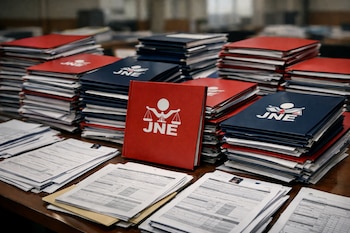 Una mesa de madera presenta numerosas carpetas apiladas de color rojo y azul, varias con el logo del JNE, junto a pilas de formularios impresos.