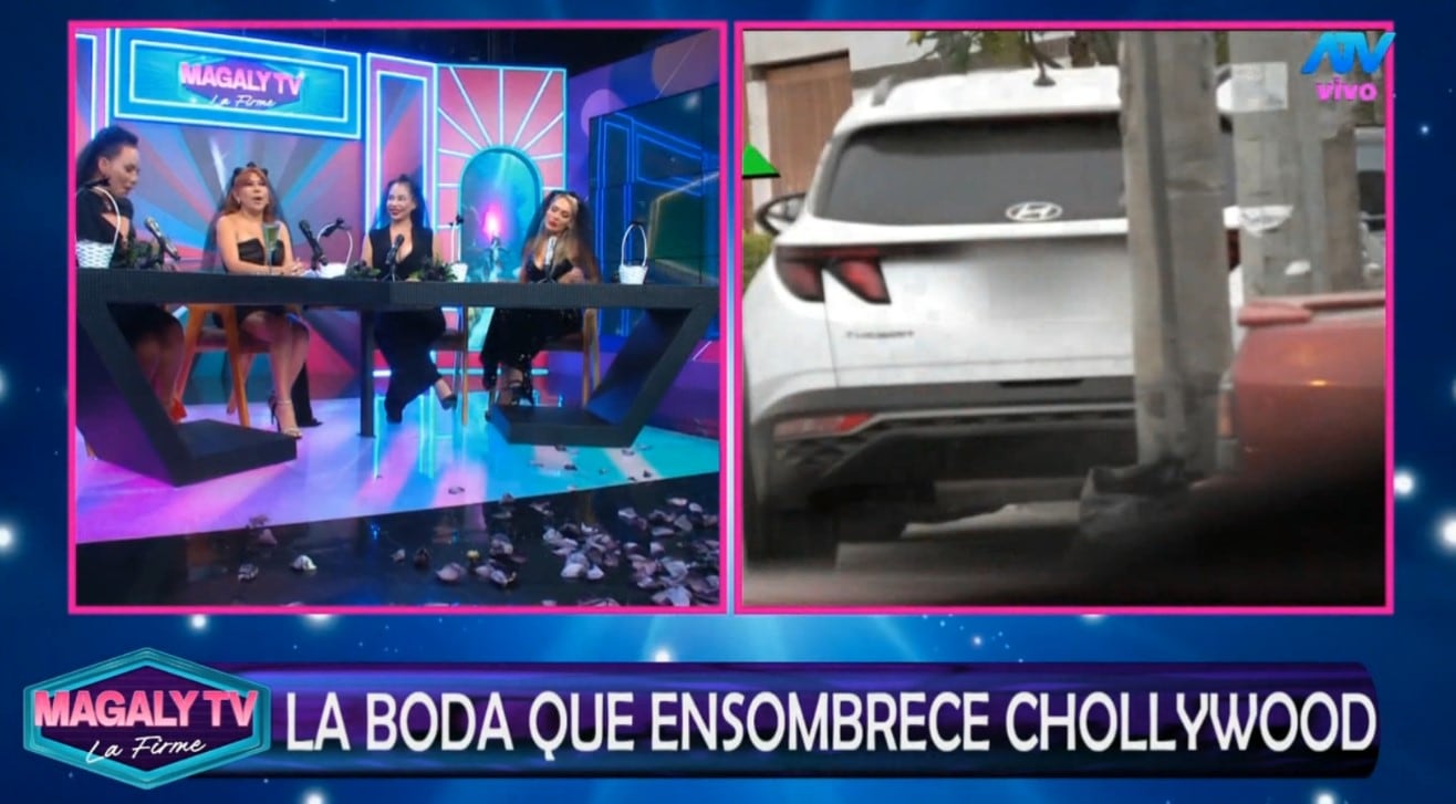 Melanie Martínez y la chica del ‘auto rana’ aparecen de negro en pleno programa sobre la boda de Christian Domínguez. Captura: Magaly TV La Firme.