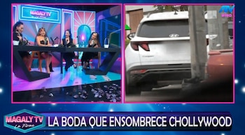 Melanie Martínez y la chica del ‘auto rana’ aparecen de negro en pleno programa sobre la boda de Christian Domínguez. Captura: Magaly TV La Firme.
