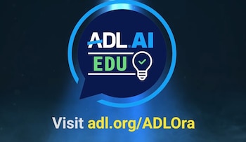 Logo de burbuja de diálogo azul con texto ADL.AI en blanco y EDU en verde. Incluye bombilla y checkmark. Abajo, el texto 'ADL Ora – AI Assistant for Educators'