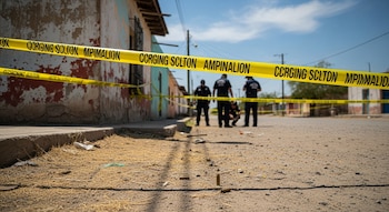Cinta de seguridad amarilla en calle de tierra con edificios al fondo. Tres hombres uniformados inspeccionan el suelo, uno agachado. Varios casquillos visibles.