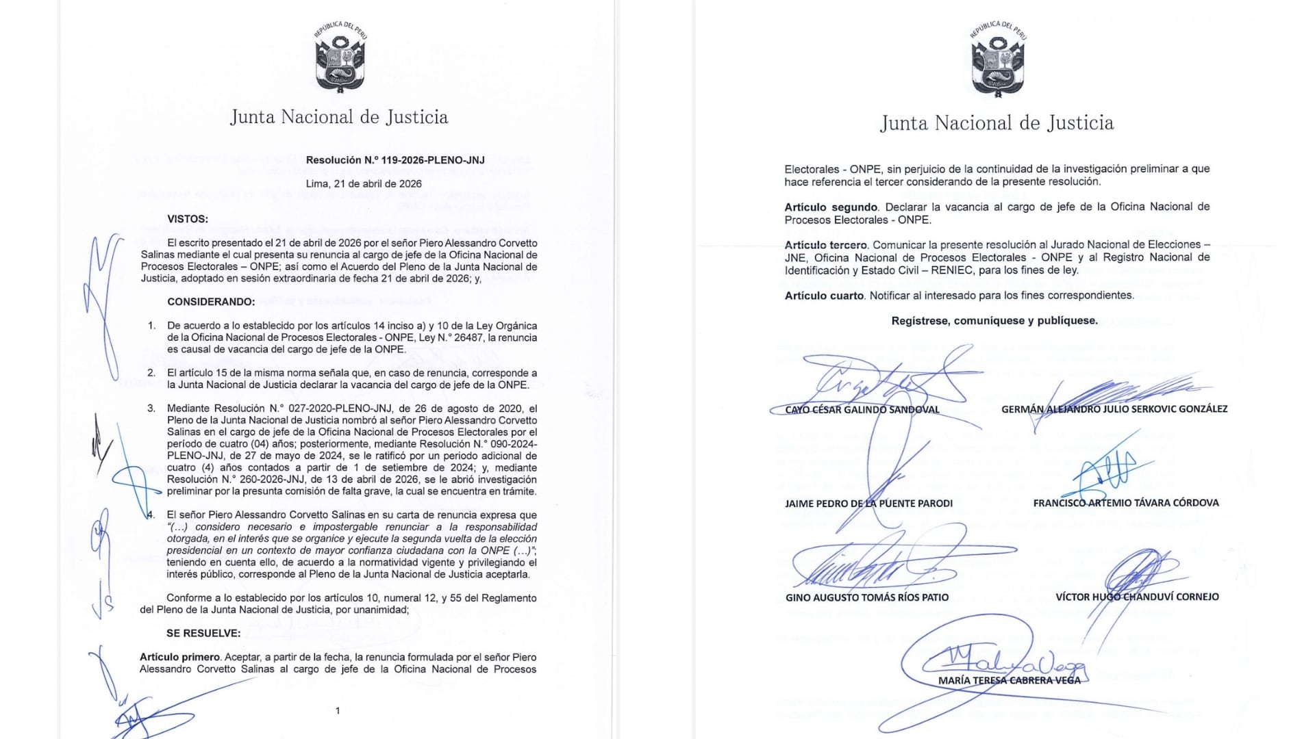 La Junta Nacional de Justicia (JNJ) declaró la vacancia de la jefatura de la Oficina Nacional de Procesos Electorales (ONPE) tras la renuncia de Piero Corvetto Salinas. (Infobae)