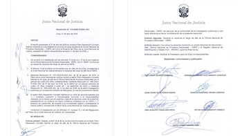 Un documento oficial blanco con el escudo del Perú, el título "Junta Nacional de Justicia", texto impreso y varias firmas autógrafas en la parte inferior