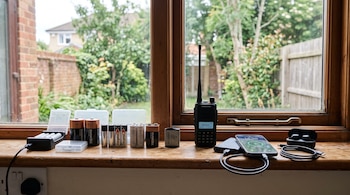 Varias pilas, un cargador, una radio transmisora, una batería portátil, un teléfono celular y auriculares sobre un marco de madera.