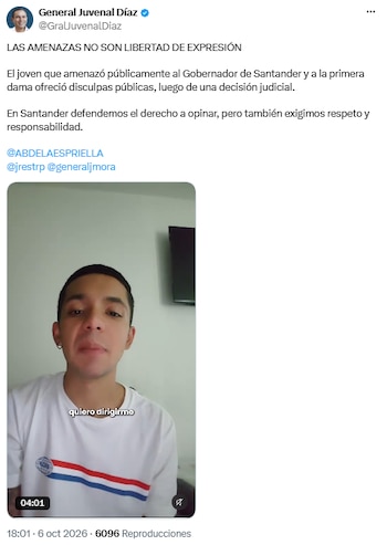 Juvenal Díaz compartió el video de disculpas de joven que lo amenazó - crédito @GralJuvenalDiaz/X