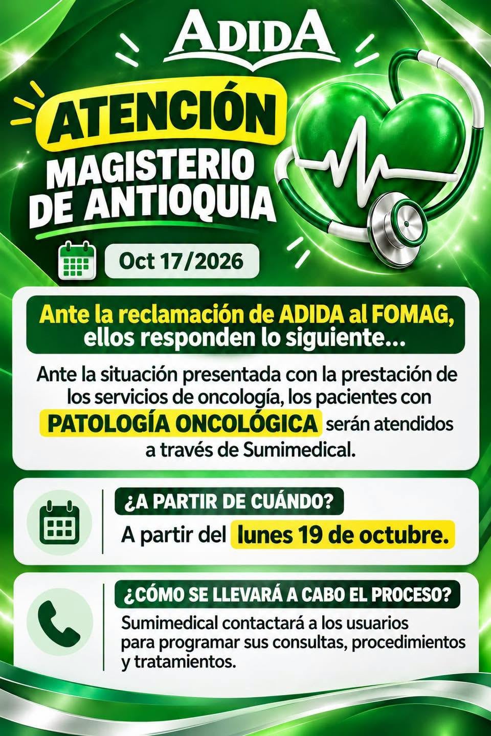 ADIDA informó que Sumimedical atenderá a los pacientes con patologías oncológicas desde el 19 de octubre. - crédito ADIDA